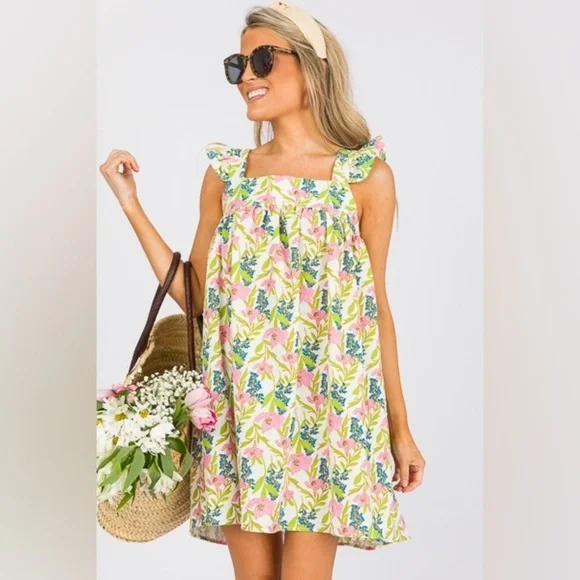 Linen floral block print babydoll mini dress ruffle pyjama square neck flutter - Picture 1 of 14